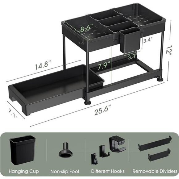 Sliding Cabinet Basket Organizer 2 Tier Under Bathroom Storage Black, 2 Pack - Picture 1 of 7